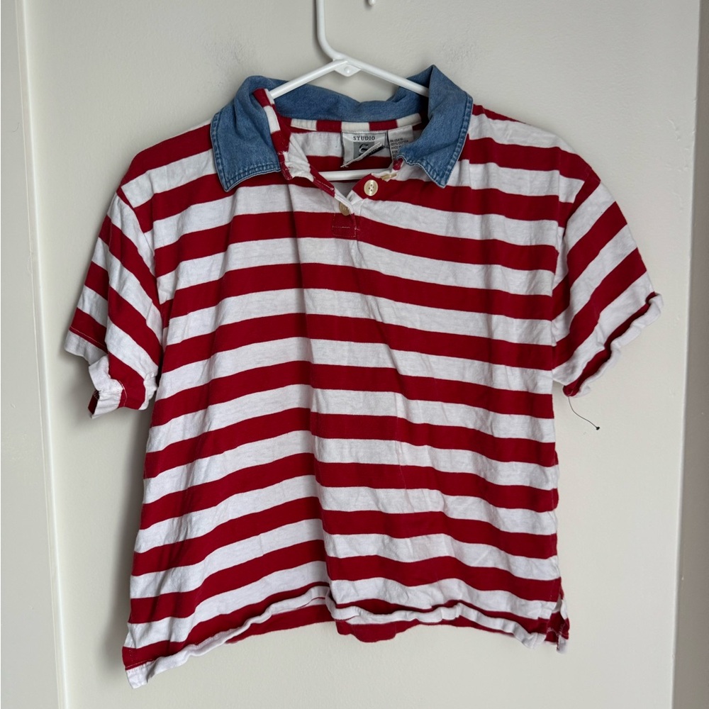 Studio Red and White Striped Top - denim collar